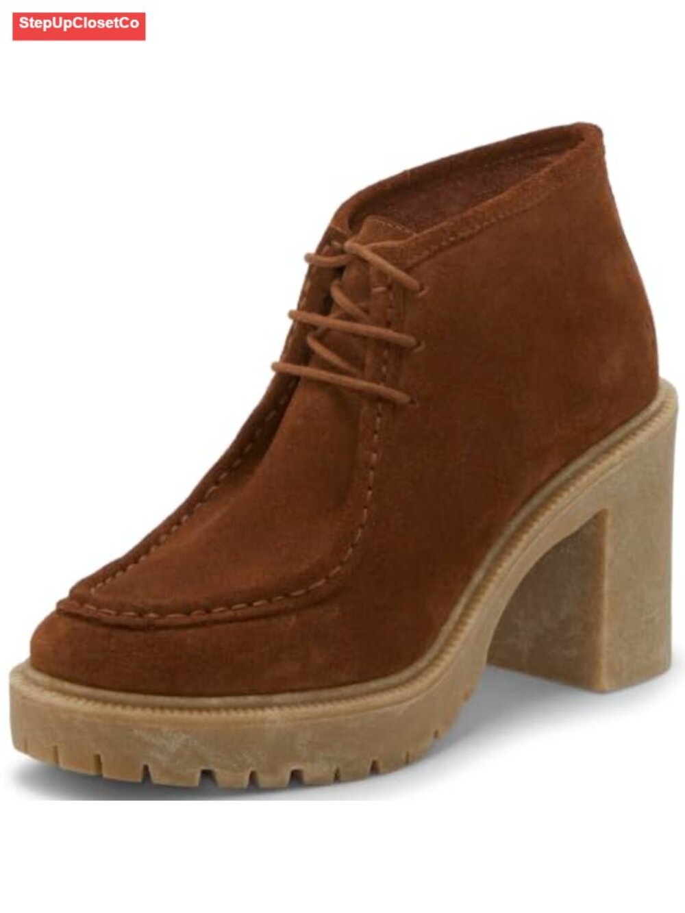 Suede Lace-Up Ankle Bootie Almond Toe Block Heel Women's Boots